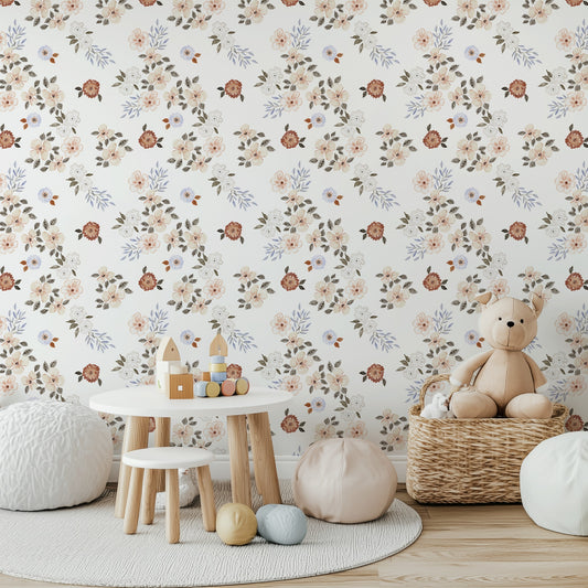 Meadow Posy warm floral wallpaper in a soft nursery