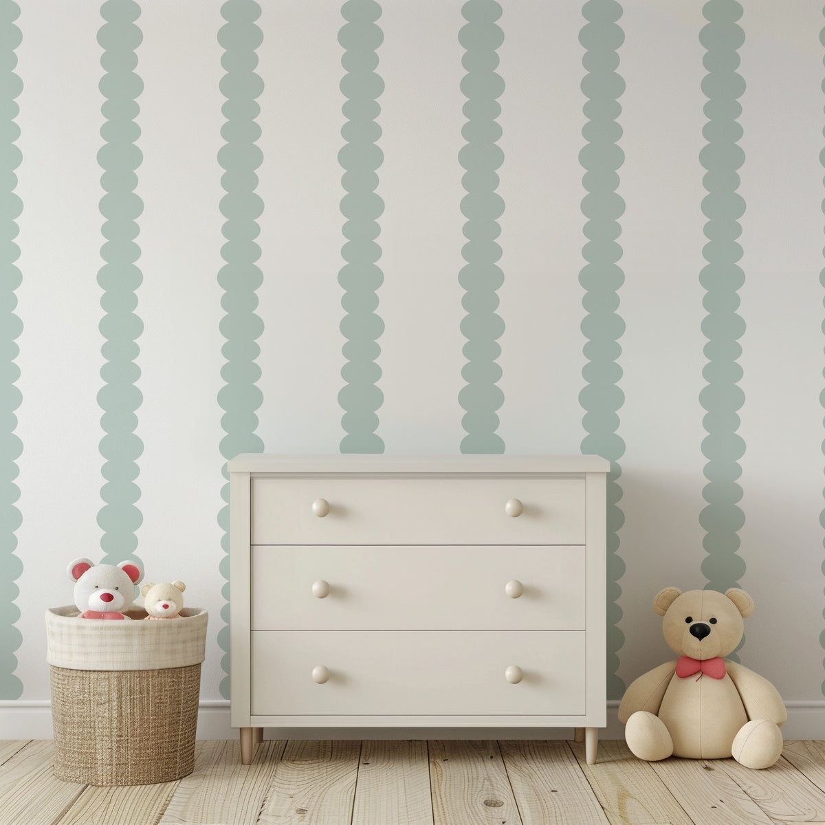 Mint Scallop soft mint wallpaper in a bright, airy nursery