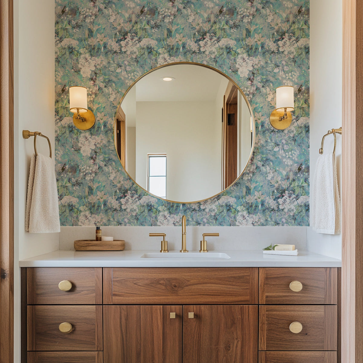 Misty Bloom turquoise floral wallpaper behind a walnut bathroom vanity with a round brass mirror