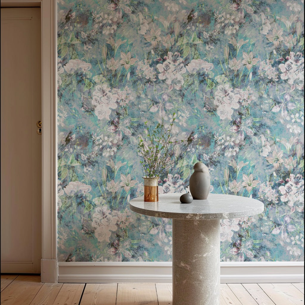 Misty Bloom wallpaper in a hallway with a round stone side table