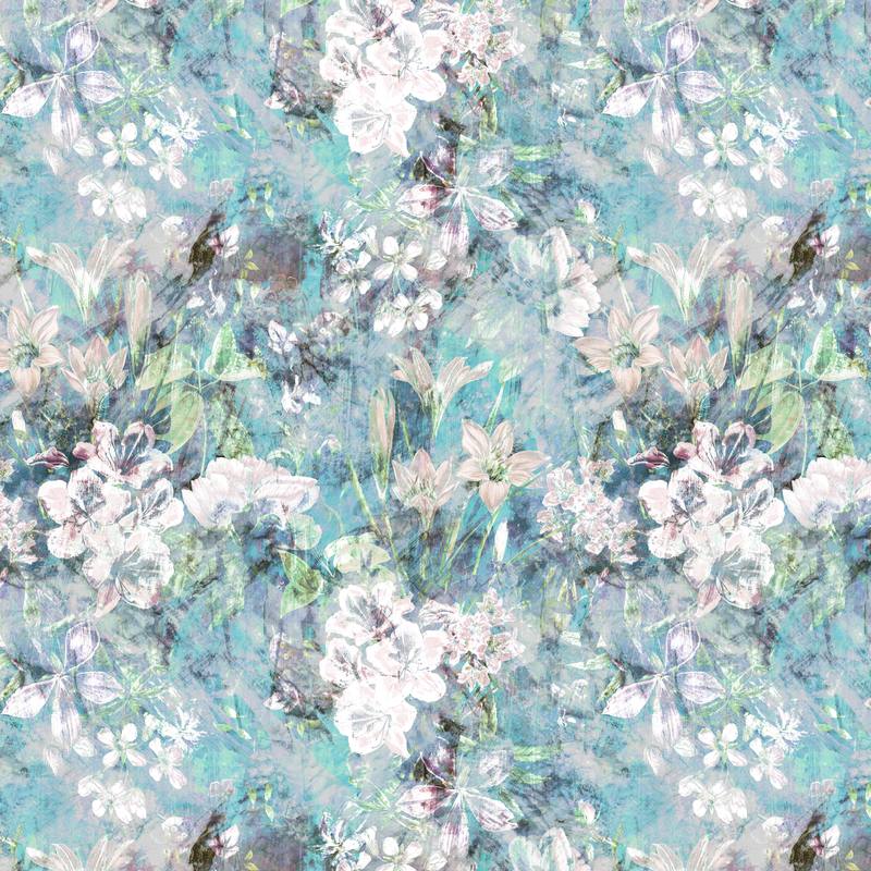 Misty Bloom wallpaper design, pale blossoms and lilies on a painterly turquoise wash