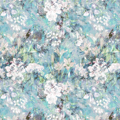 Misty Bloom wallpaper design, pale blossoms and lilies on a painterly turquoise wash