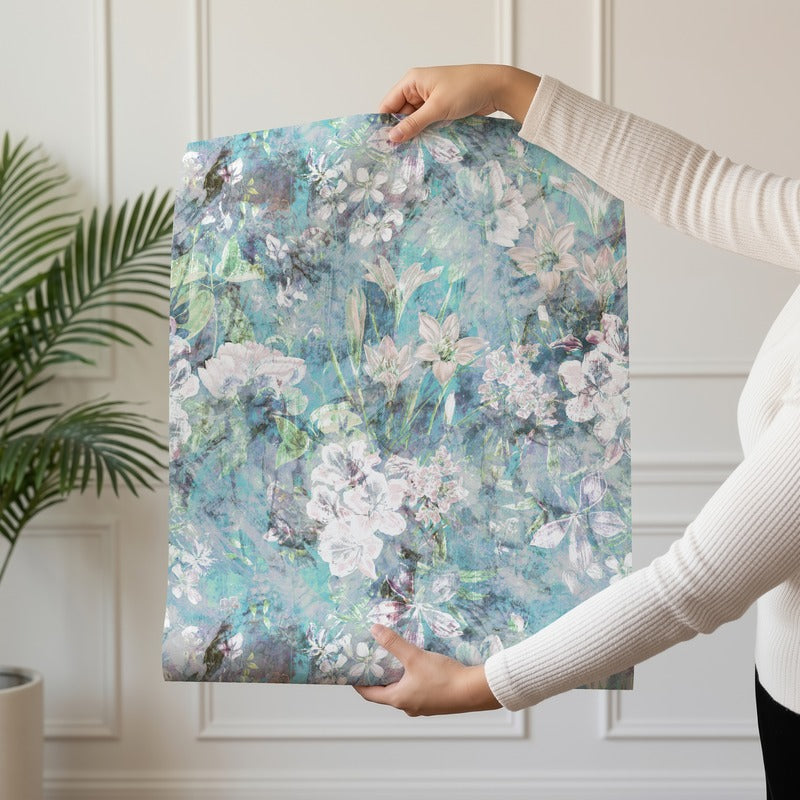 Misty Bloom wallpaper roll drop showing the painterly blossom repeat
