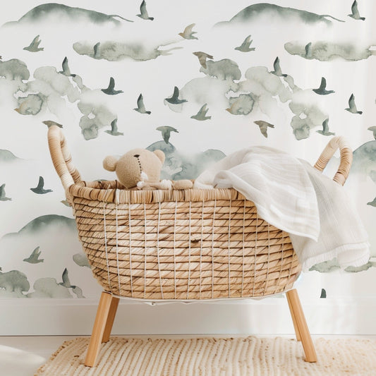 Misty Flock bird wallpaper in a calm nursery