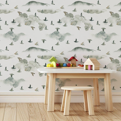 Misty Flock watercolour wallpaper in a soft children's room