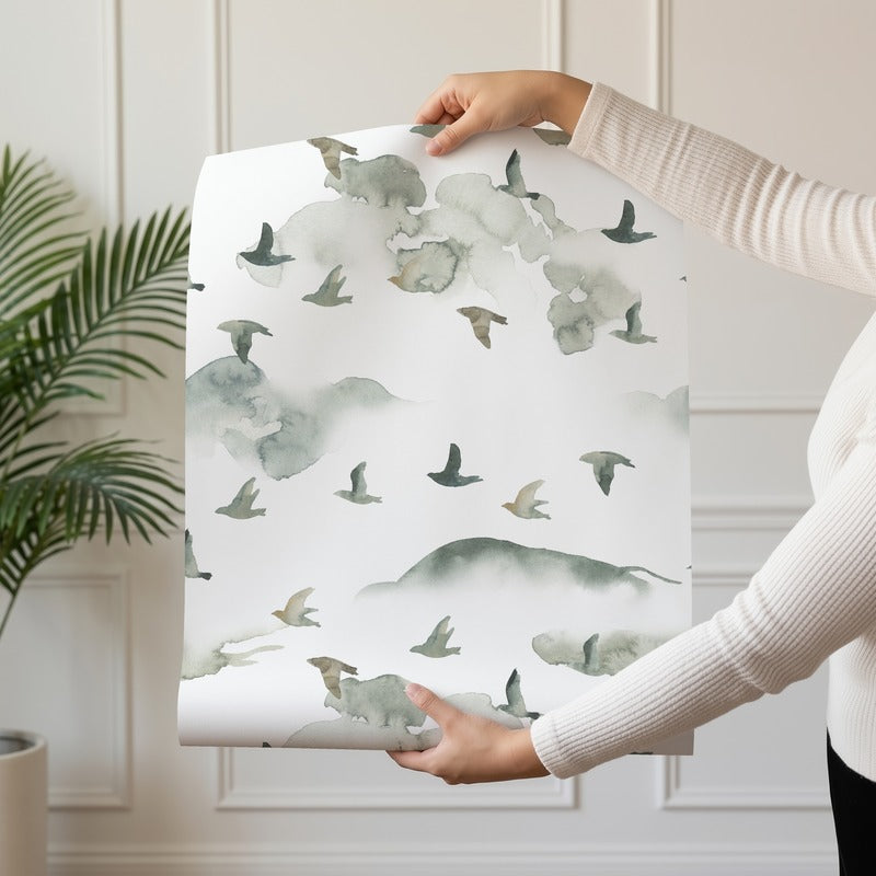 Misty Flock wallpaper roll drop showing the watercolour bird repeat