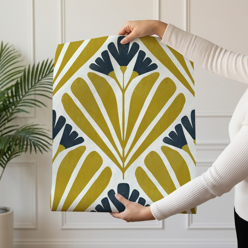 Mustard Art Deco Bloom wallpaper roll drop showing the gold and navy fan repeat