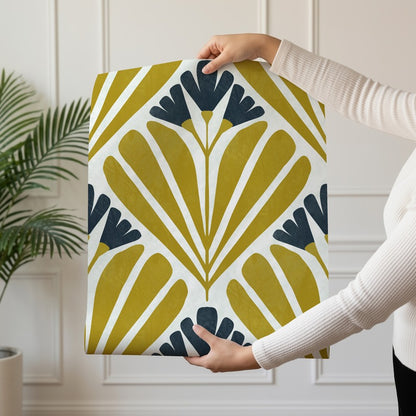 Mustard Art Deco Bloom wallpaper roll drop showing the gold and navy fan repeat