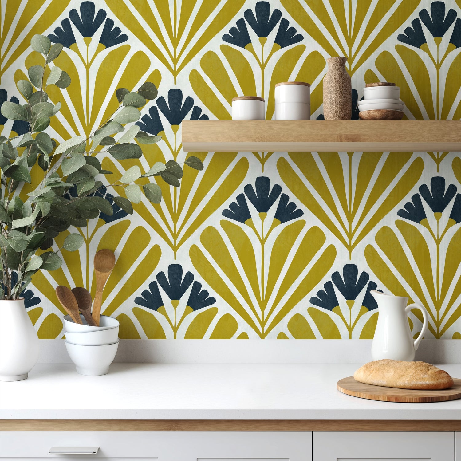 Mustard Art Deco Bloom wallpaper in a bold, bright kitchen