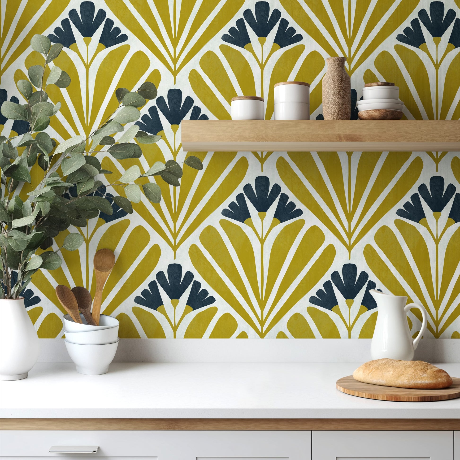 Mustard Art Deco Bloom wallpaper in a bold, bright kitchen