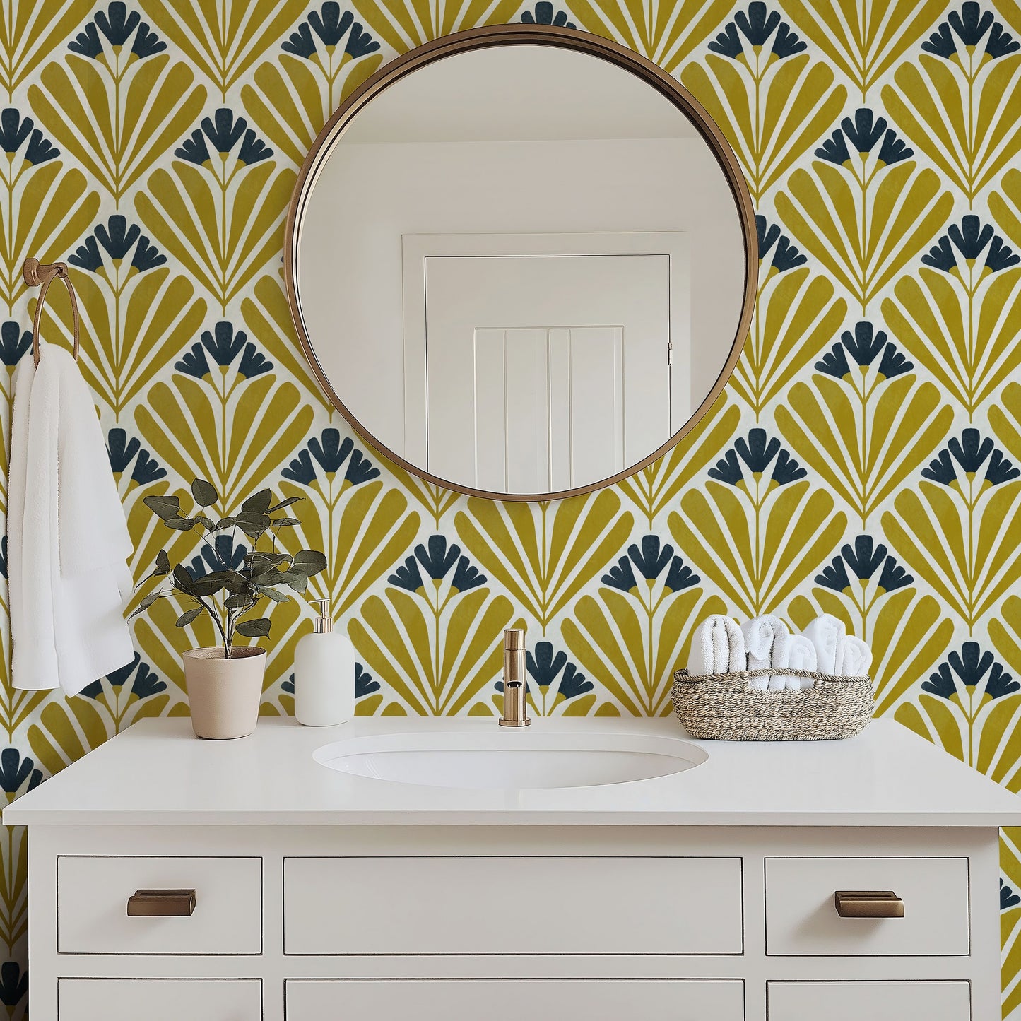Mustard Art Deco Bloom wallpaper in a bathroom with white fixtures