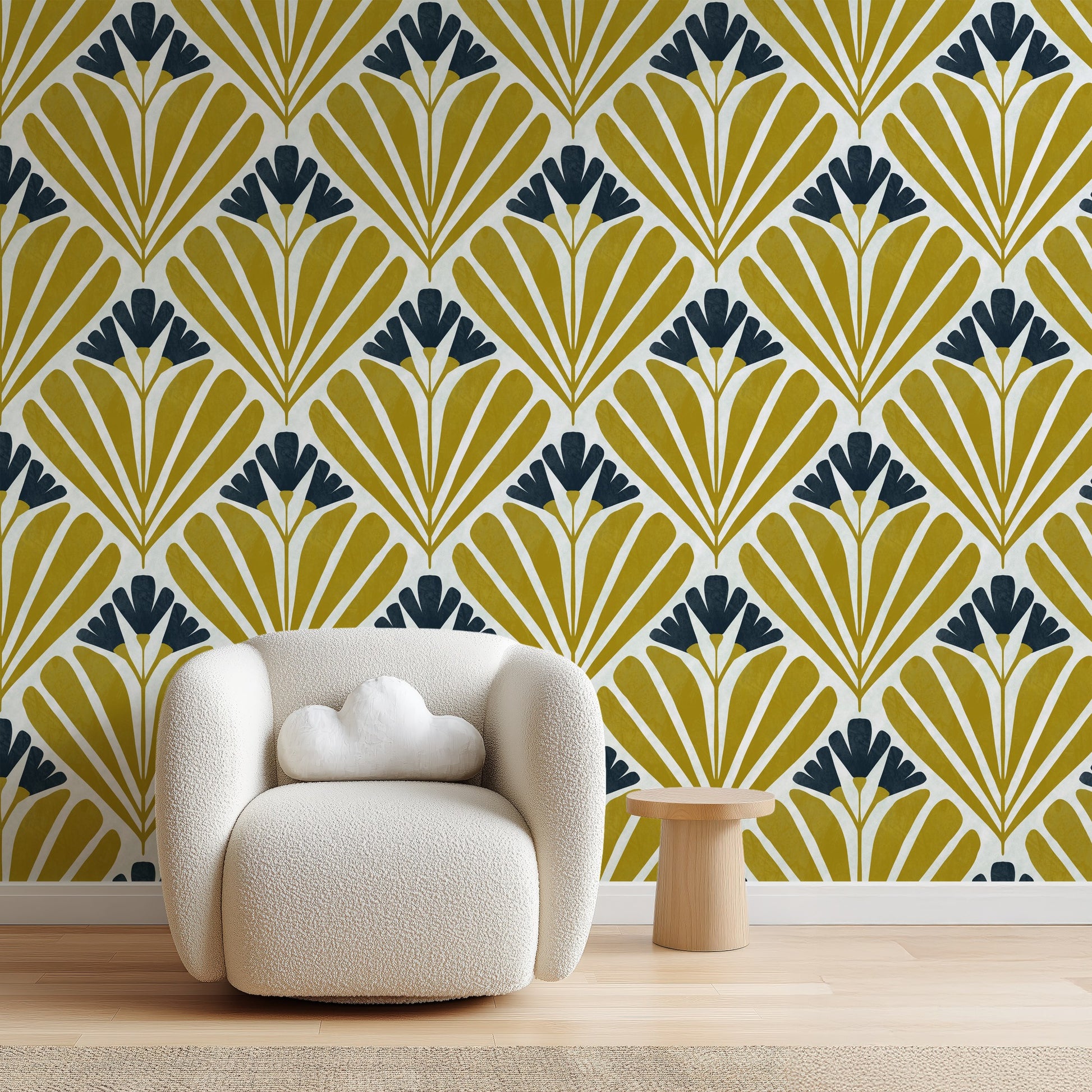 Mustard Art Deco Bloom wallpaper in a graphic home office