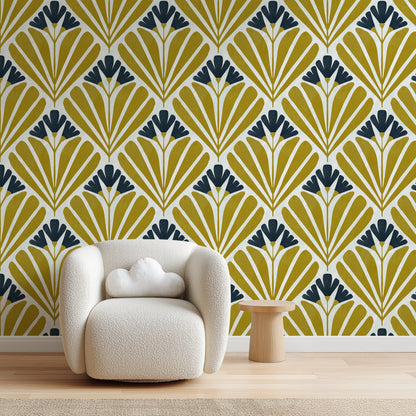 Mustard Art Deco Bloom wallpaper in a graphic home office