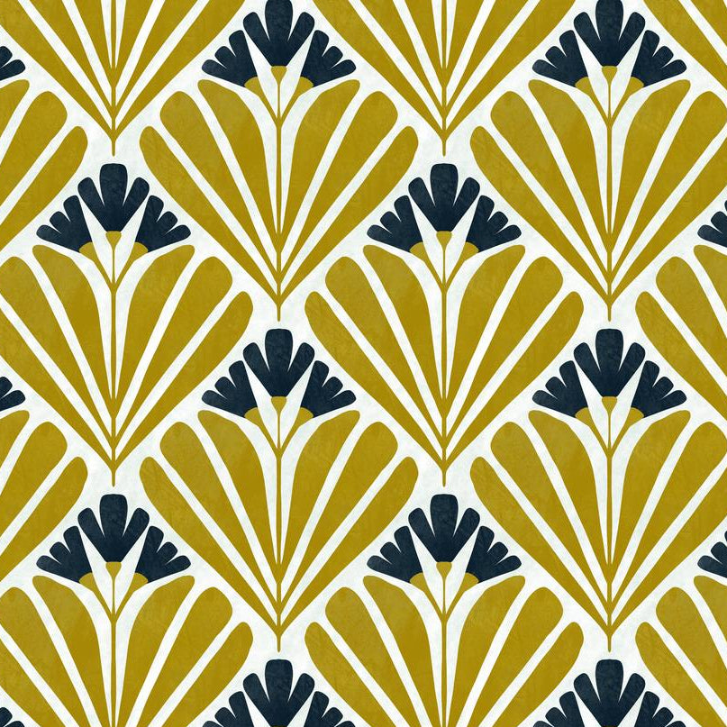 Mustard Art Deco Bloom wallpaper design — fan-shaped art deco bloom motif in mustard-gold and navy on cream