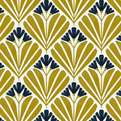 Mustard Art Deco Bloom wallpaper design — fan-shaped art deco bloom motif in mustard-gold and navy on cream