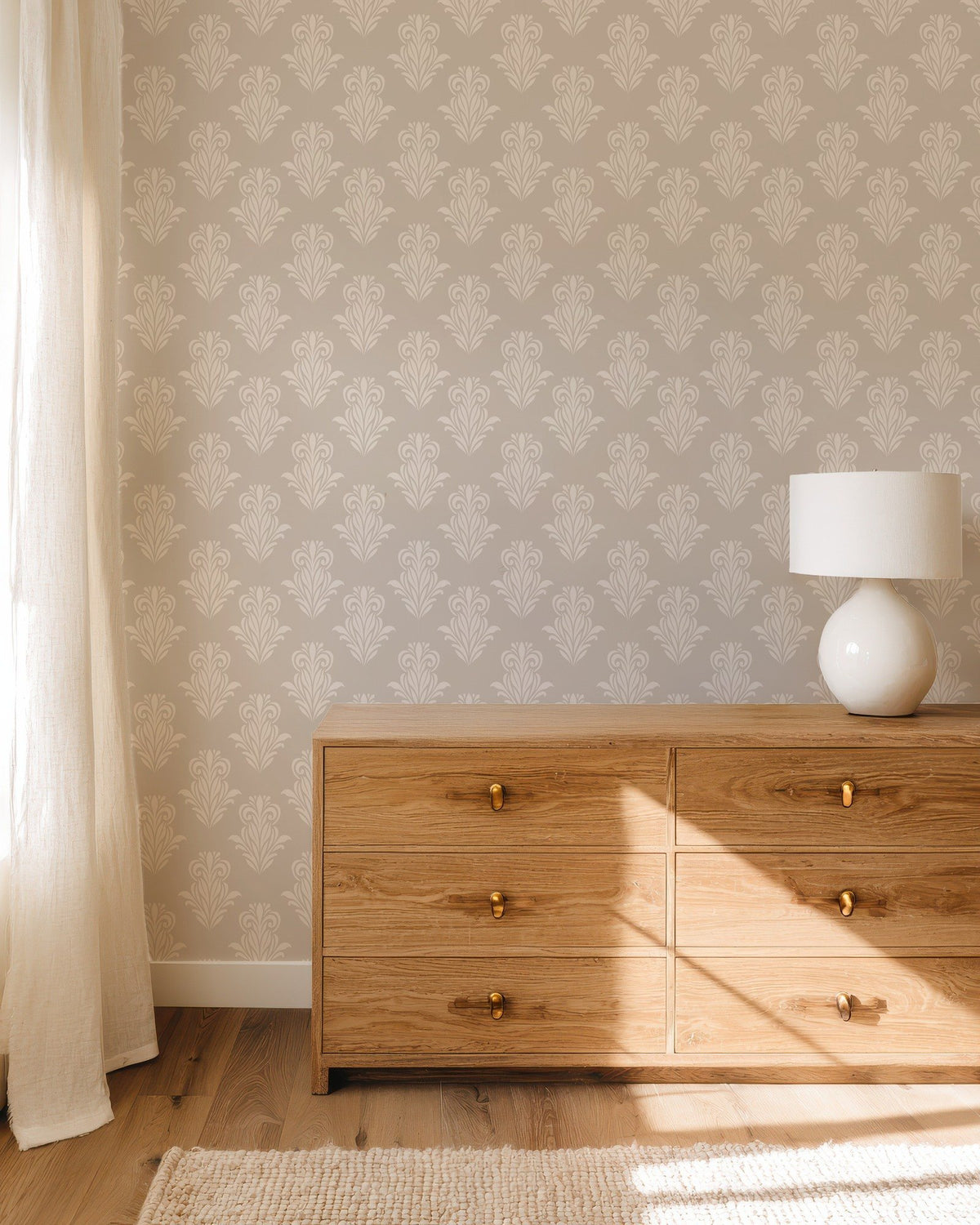 Mystic Damask modern damask wallpaper in rich dark tones in a bedroom