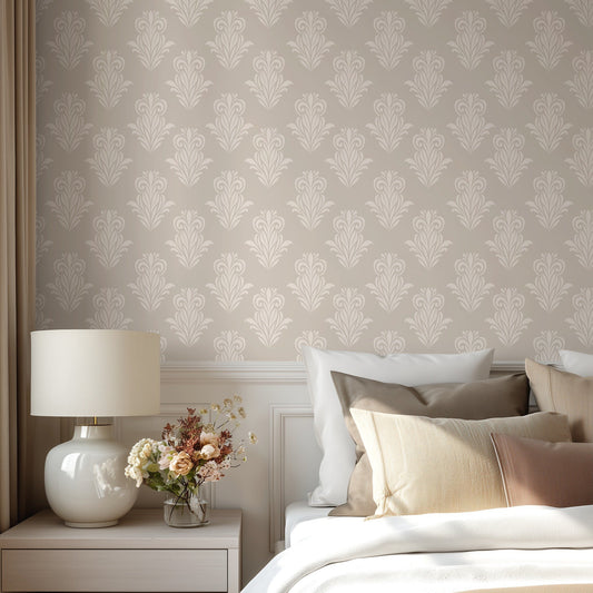 Mystic Damask modern damask wallpaper in rich dark tones in a bedroom