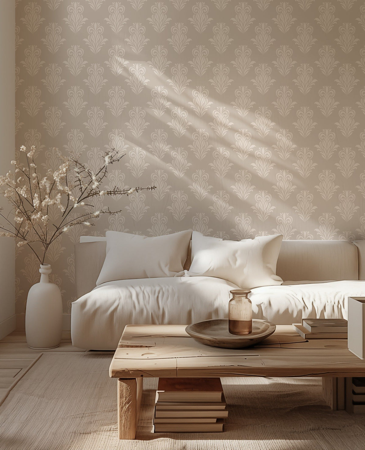 Mystic Damask modern damask wallpaper in rich dark tones in a living room