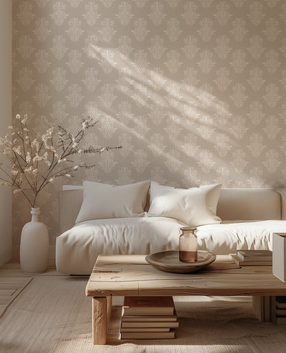 Mystic Damask modern damask wallpaper in rich dark tones in a living room