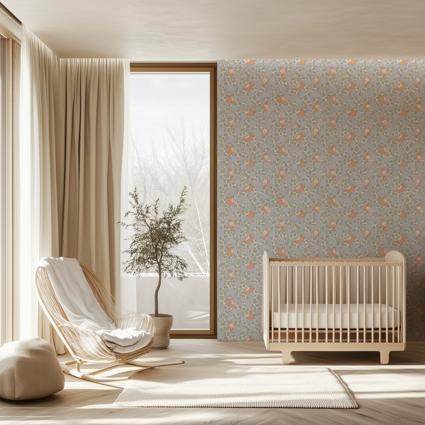 Nido 02 songbird and floral wallpaper in a nursery