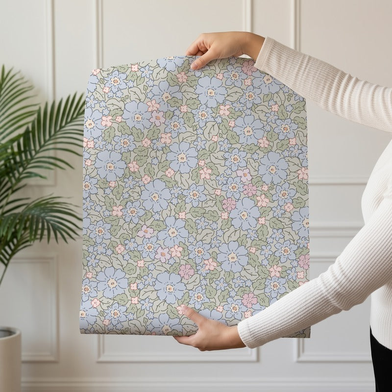 Cottage Meadow wallpaper roll drop showing the ditsy cottage floral repeat