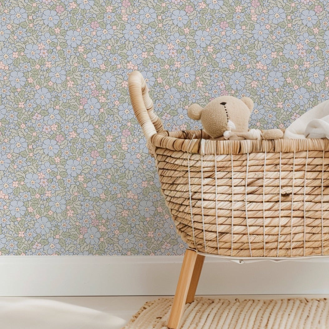 Cottage Meadow vintage floral wallpaper in a children's nursery