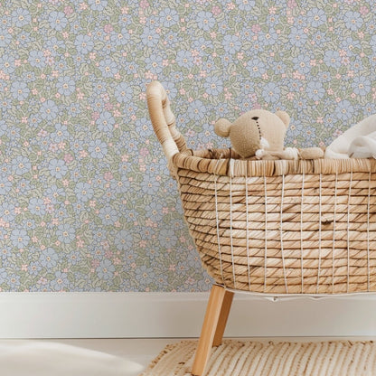 Cottage Meadow vintage floral wallpaper in a children's nursery