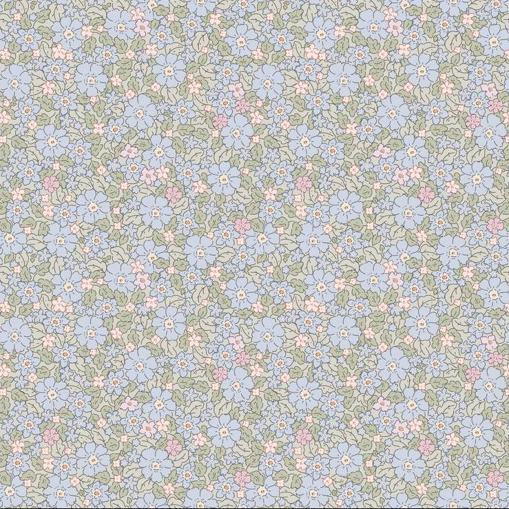 Cottage Meadow wallpaper design — dense vintage cottage floral in blue, pink and sage