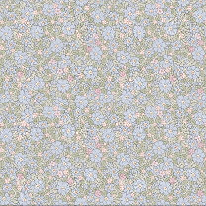 Cottage Meadow wallpaper design — dense vintage cottage floral in blue, pink and sage