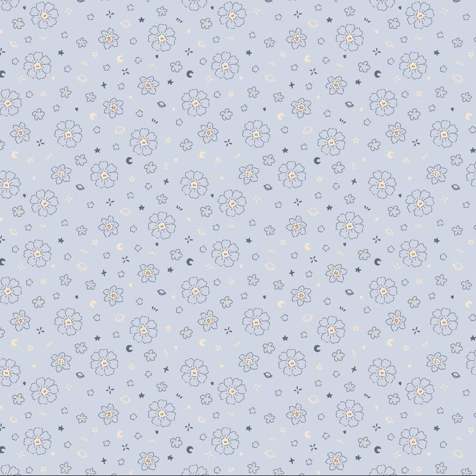 Starlit Meadow wallpaper design — hand-drawn celestial florals with moons and stars on dusty blue