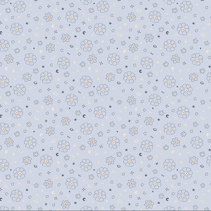 Starlit Meadow wallpaper design — hand-drawn celestial florals with moons and stars on dusty blue