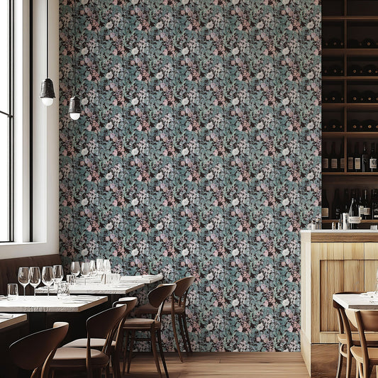 Nocturne Bloom dark floral wallpaper in an intimate restaurant