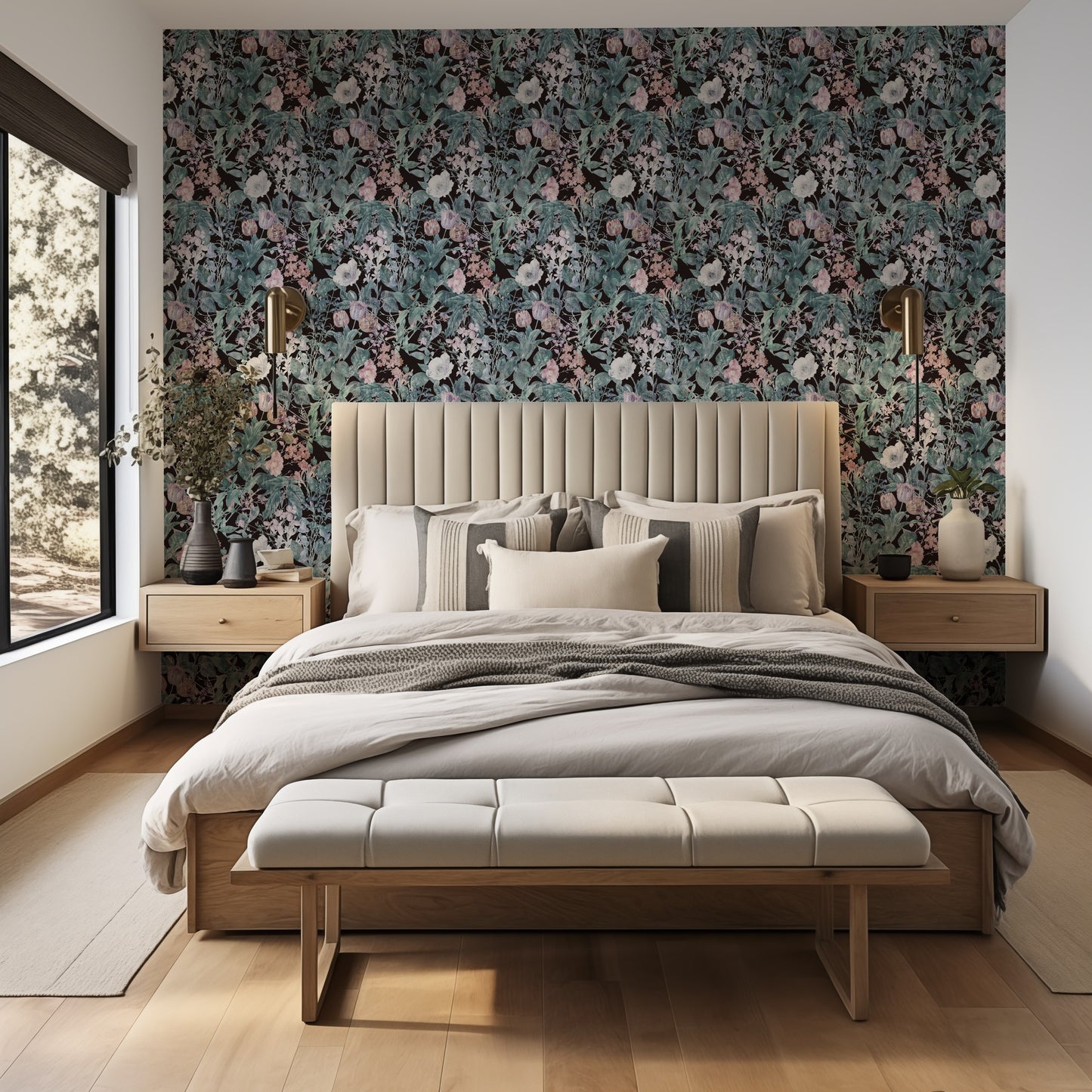 Nocturne Bloom moody botanical wallpaper in a dramatic bedroom