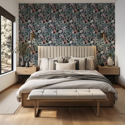 Nocturne Bloom moody botanical wallpaper in a dramatic bedroom