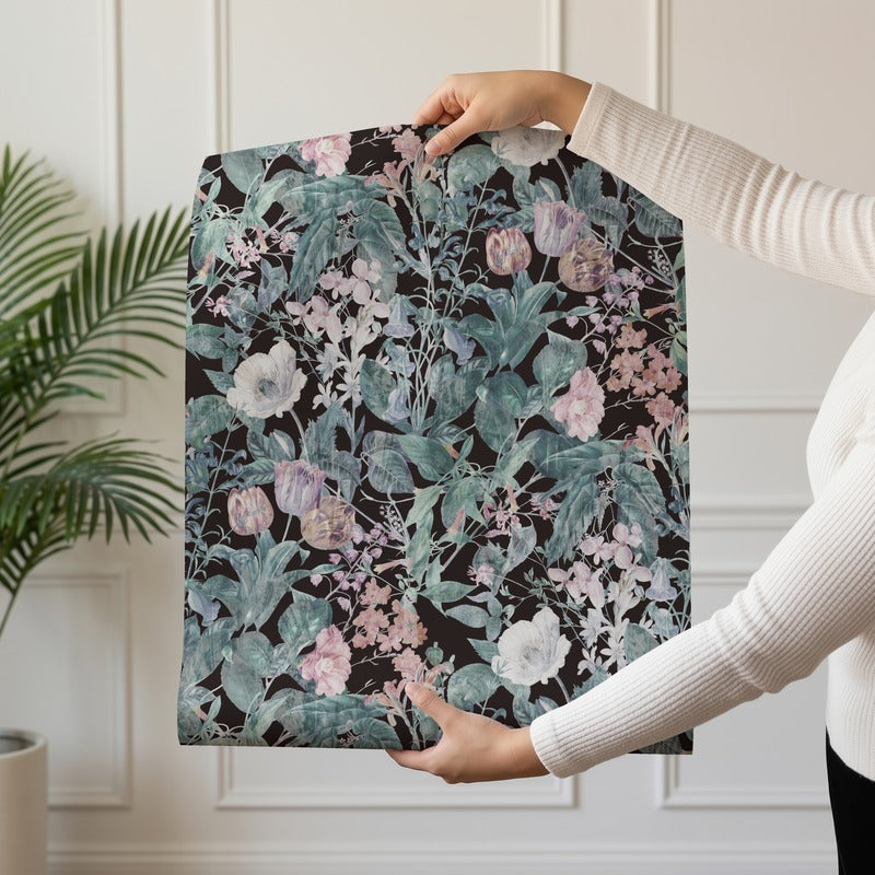 Nocturne Bloom wallpaper roll drop showing the moody dark floral repeat