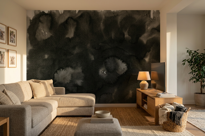 Nocturne Bloom mural across a family living room wall with a stone-coloured sectional