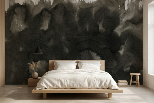 Nocturne Bloom charcoal watercolour mural on a minimalist bedroom wall with a low pale-oak platform bed