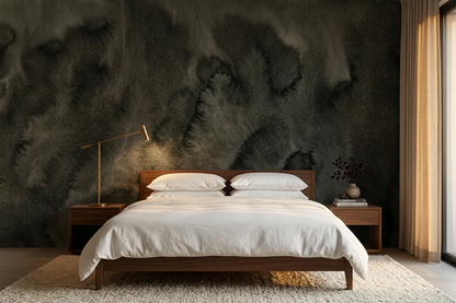 Nocturne Drift charcoal watercolour mural on a bedroom feature wall behind a low walnut bed