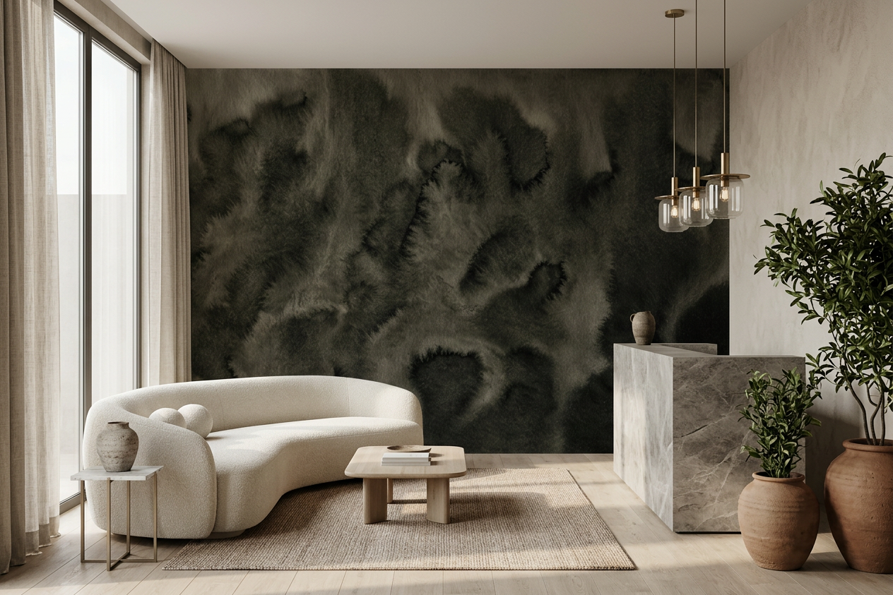 Nocturne Drift mural on the feature wall of a boutique hotel lobby with a curved bouclé sofa