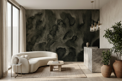 Nocturne Drift mural on the feature wall of a boutique hotel lobby with a curved bouclé sofa