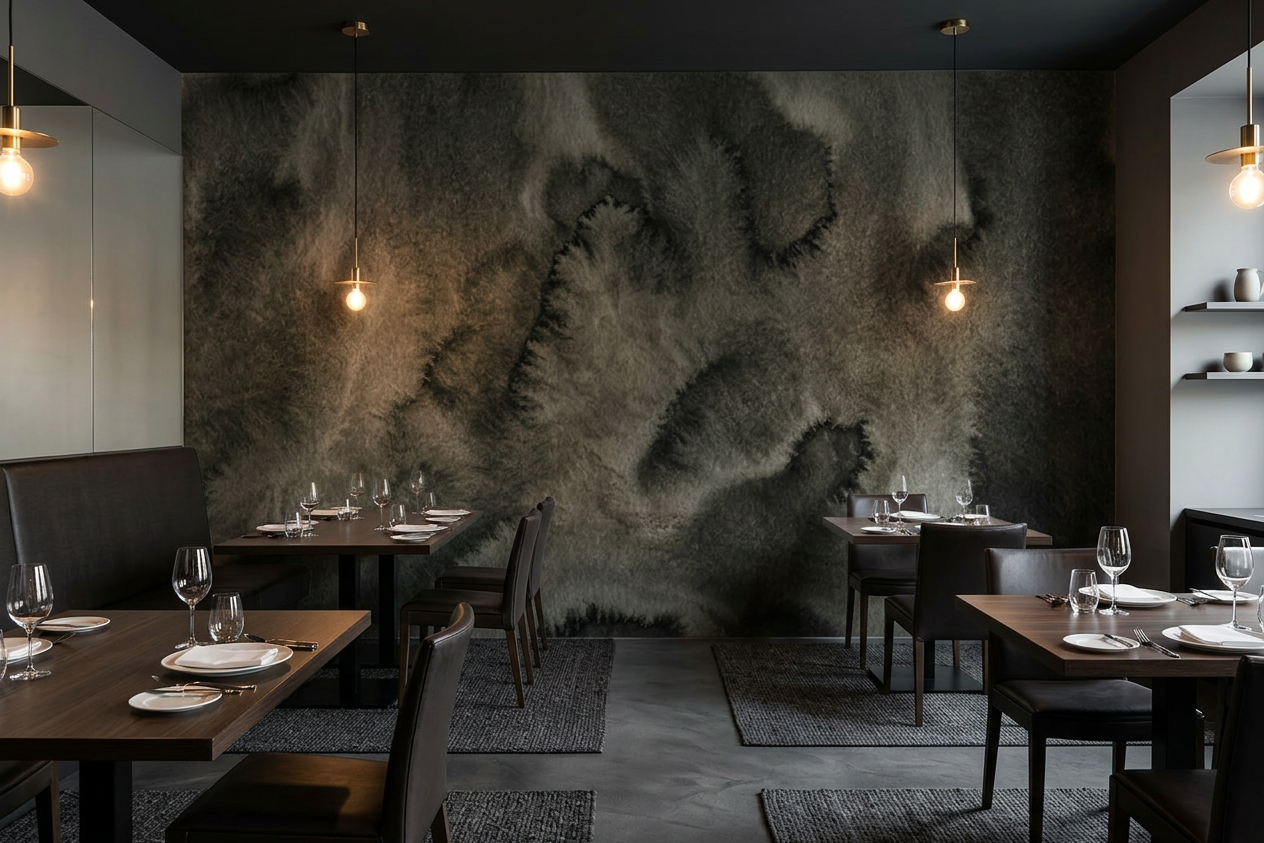 Nocturne Drift mural in a fine-dining restaurant with banquette seating and brass sconces