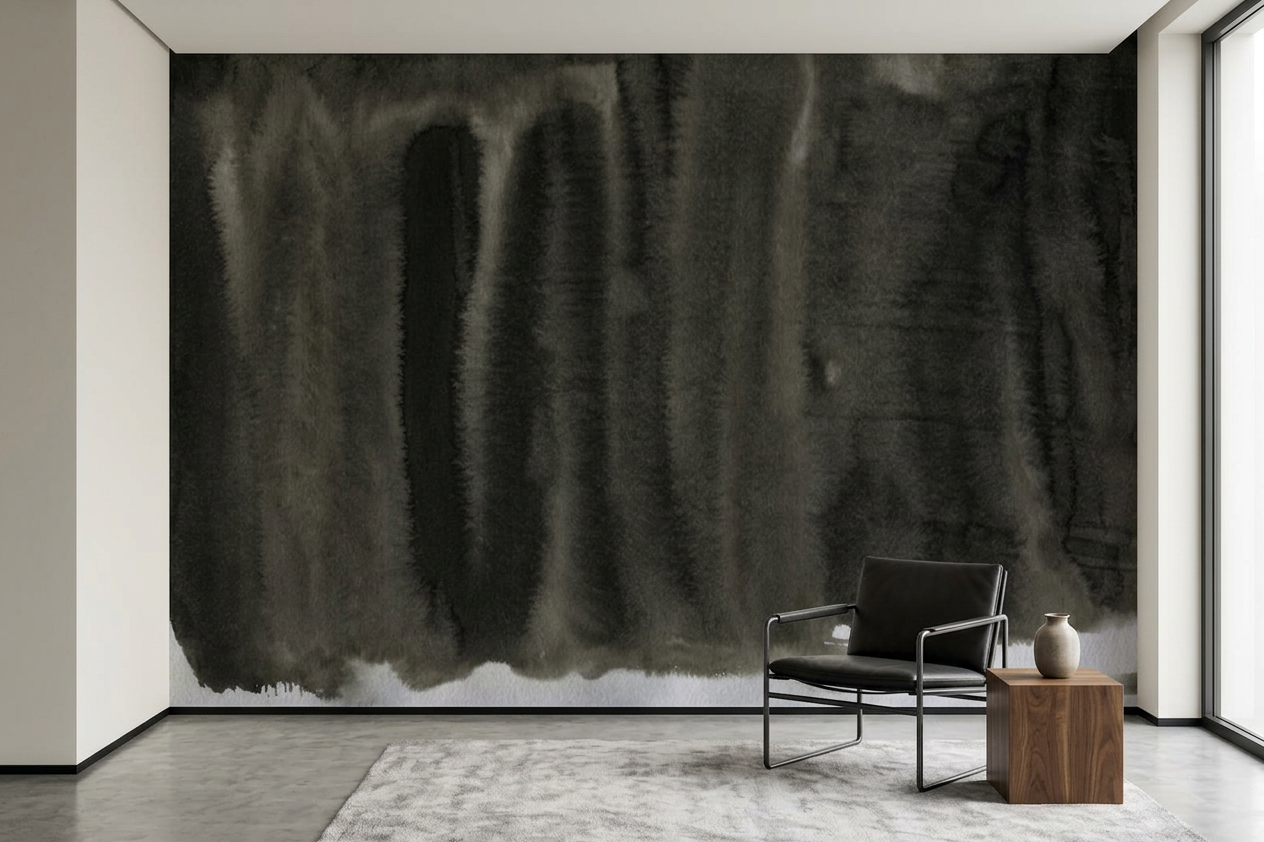 Nocturne Fold vertical charcoal drape mural in a garden-facing dining room with a light-oak table