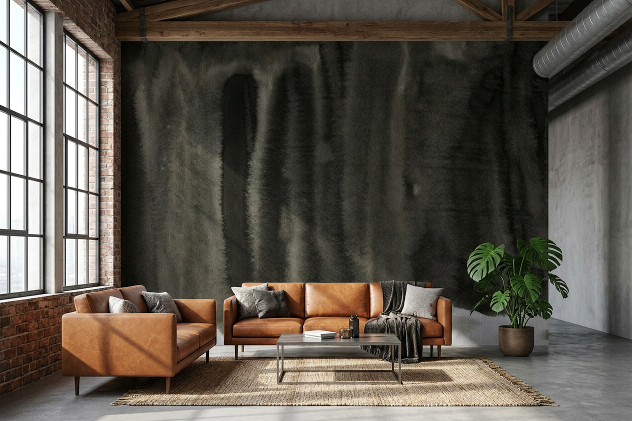 Nocturne Fold mural in a loft living room with exposed concrete and a sand-coloured sofa