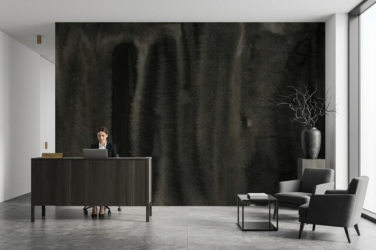 Nocturne Fold mural across a law firm office reception behind a slim dark-oak desk
