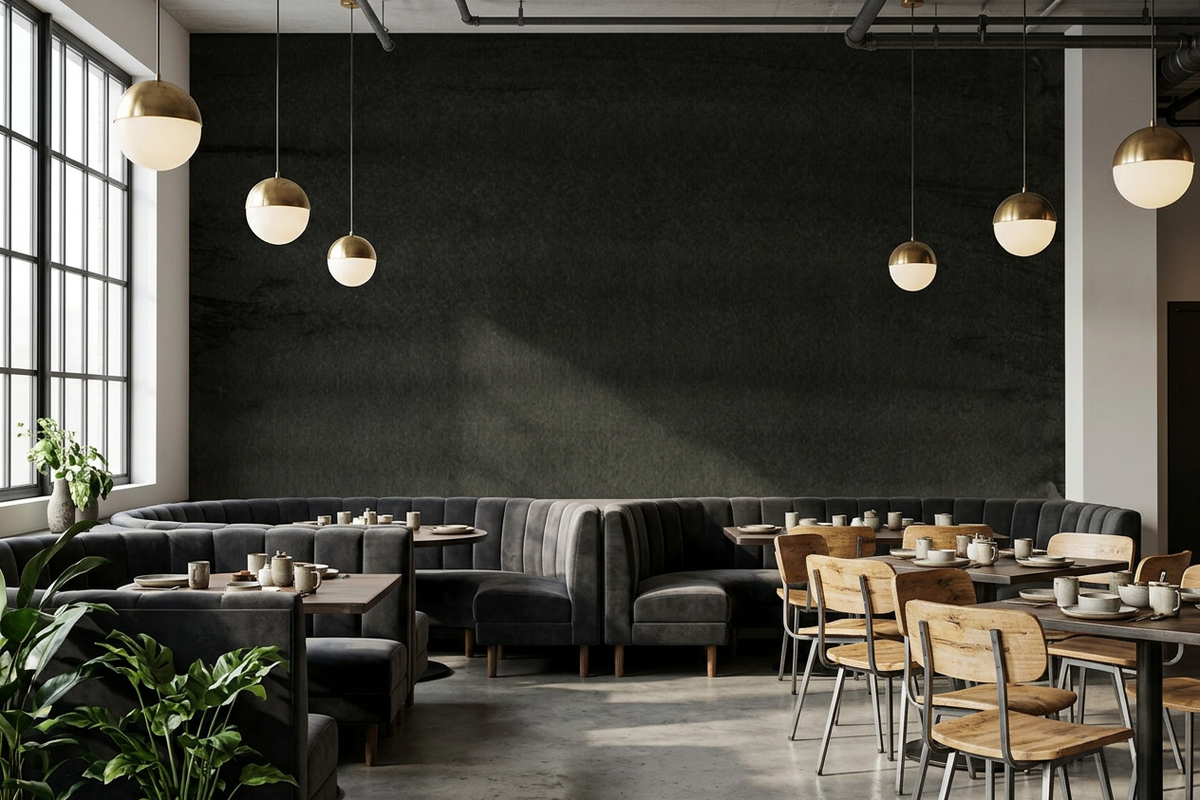 Nocturne Horizon mural on the feature wall of an all-day restaurant with pale oak tables