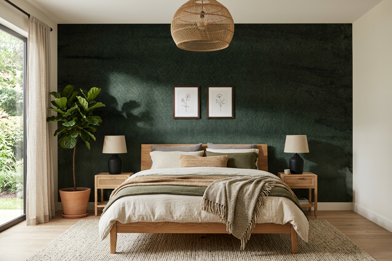 Nocturne Horizon graded charcoal mural on a bedroom wall with a cane bed and linen bedding