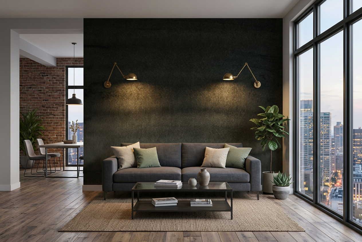 Nocturne Horizon mural in an open-plan city living room with a charcoal modular sofa