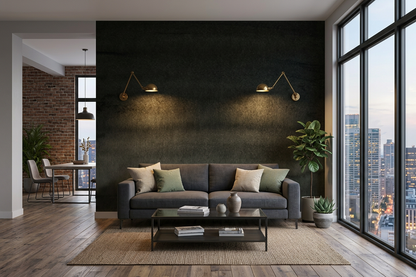 Nocturne Horizon mural in an open-plan city living room with a charcoal modular sofa