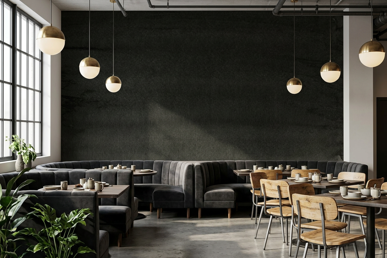 Nocturne Horizon mural on the feature wall of an all-day restaurant with pale oak tables
