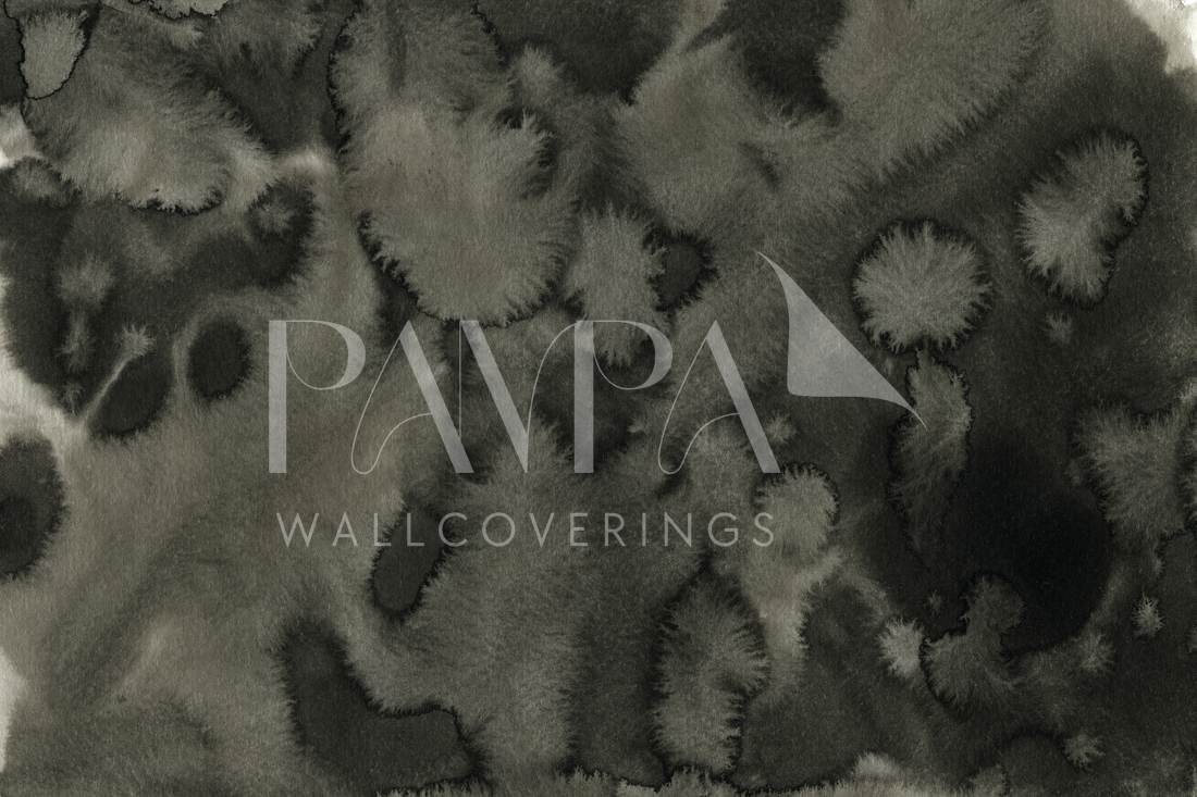 Nocturne Lichen abstract watercolour wall mural — dense fibrous charcoal clusters scattered like lichen across pale ground
